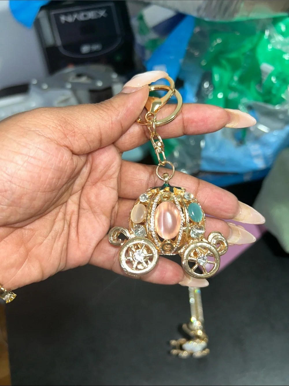 Gold-Tone Crystal Carousel Keychain Charm – Pink & White Accents